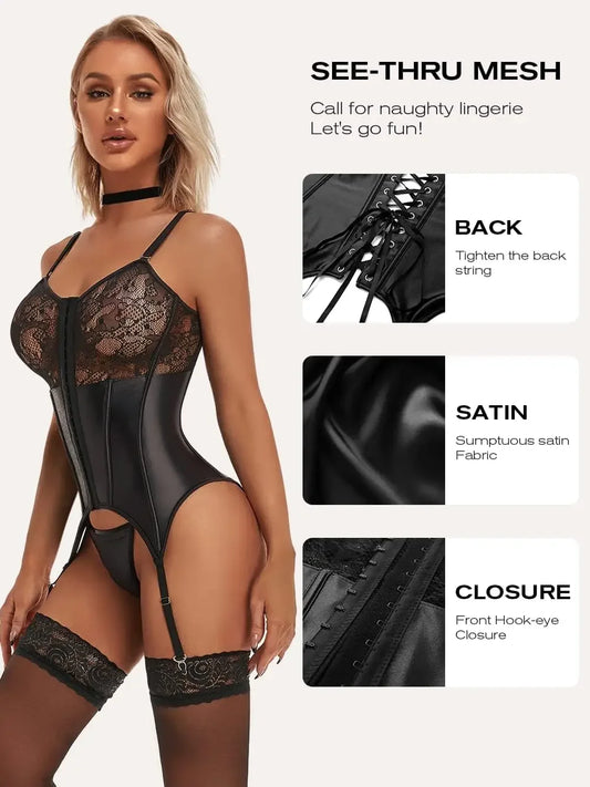 Women's Sexy Lace Lingerie Set with Garter Belt Bodysuit Teddy and Panty