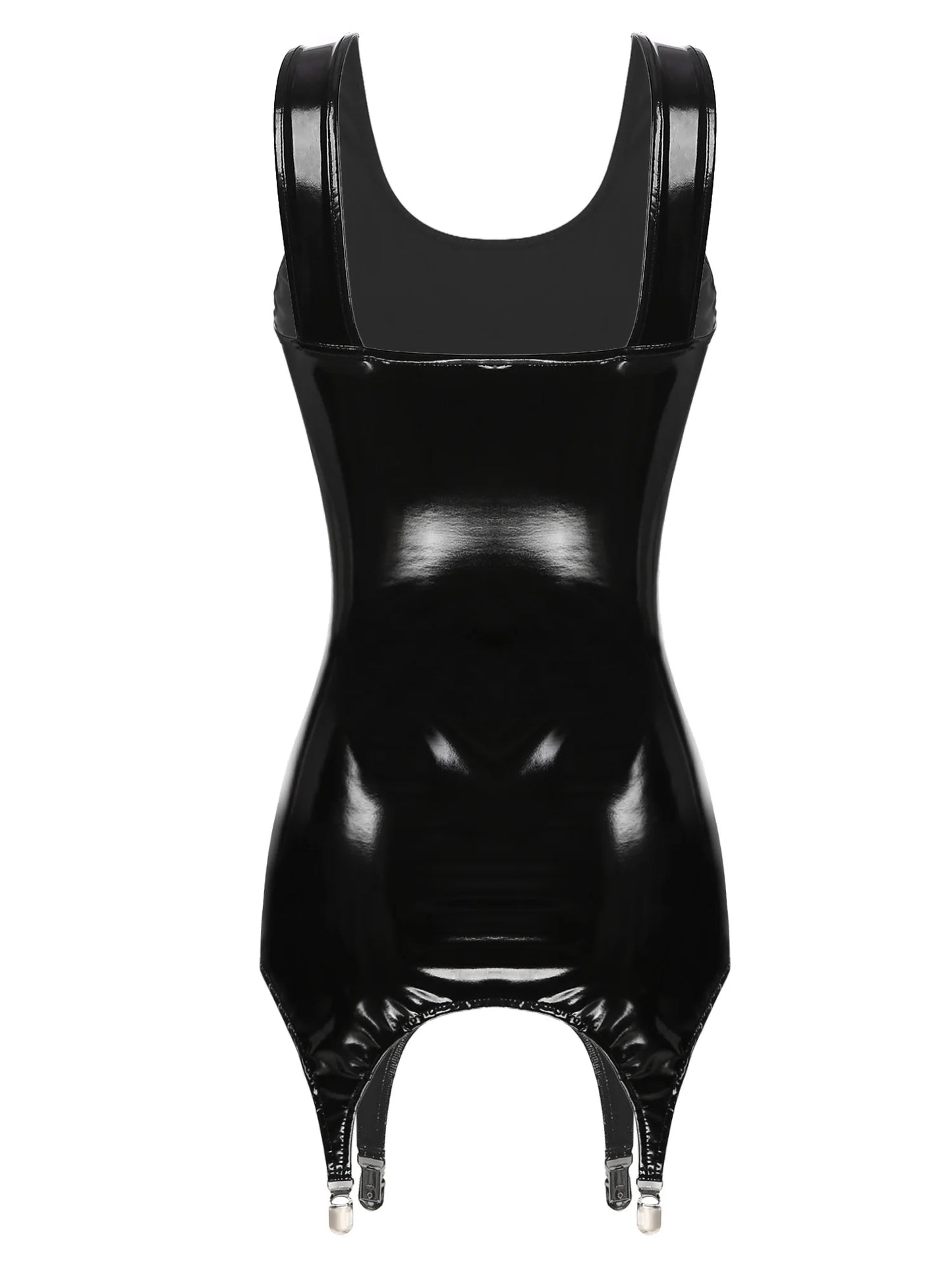 Womens Wet Look Patent Leather Latex Tank Dress Festival Wet Look Clubwear Nightclub Hips Bodycon Mini Dresses with Metal Clips