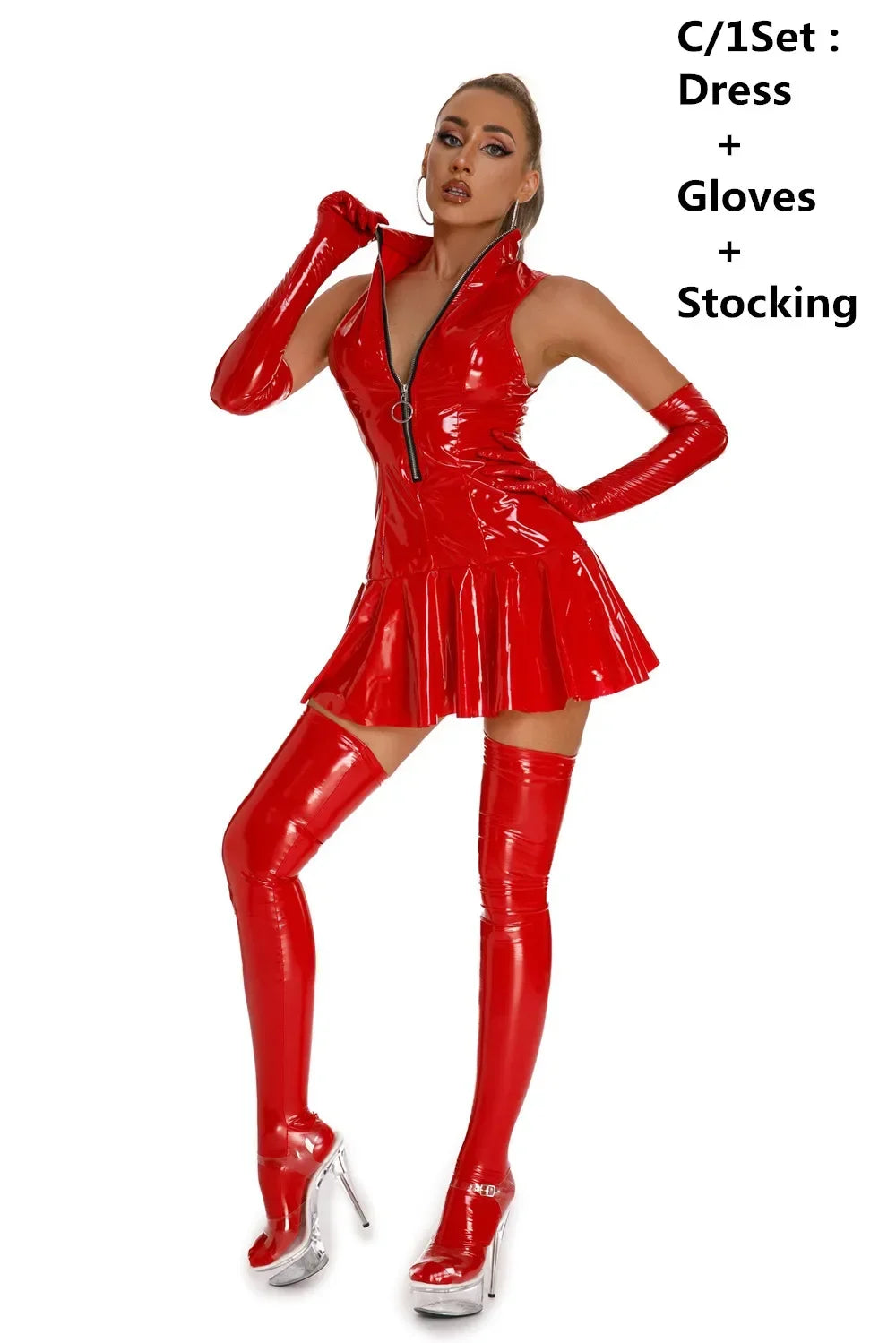 Sexy Glossy Faux Leather Dress Club Party Short Dress Solid Black Red Wet Look Latex Bodycon Pleated Mini Dress