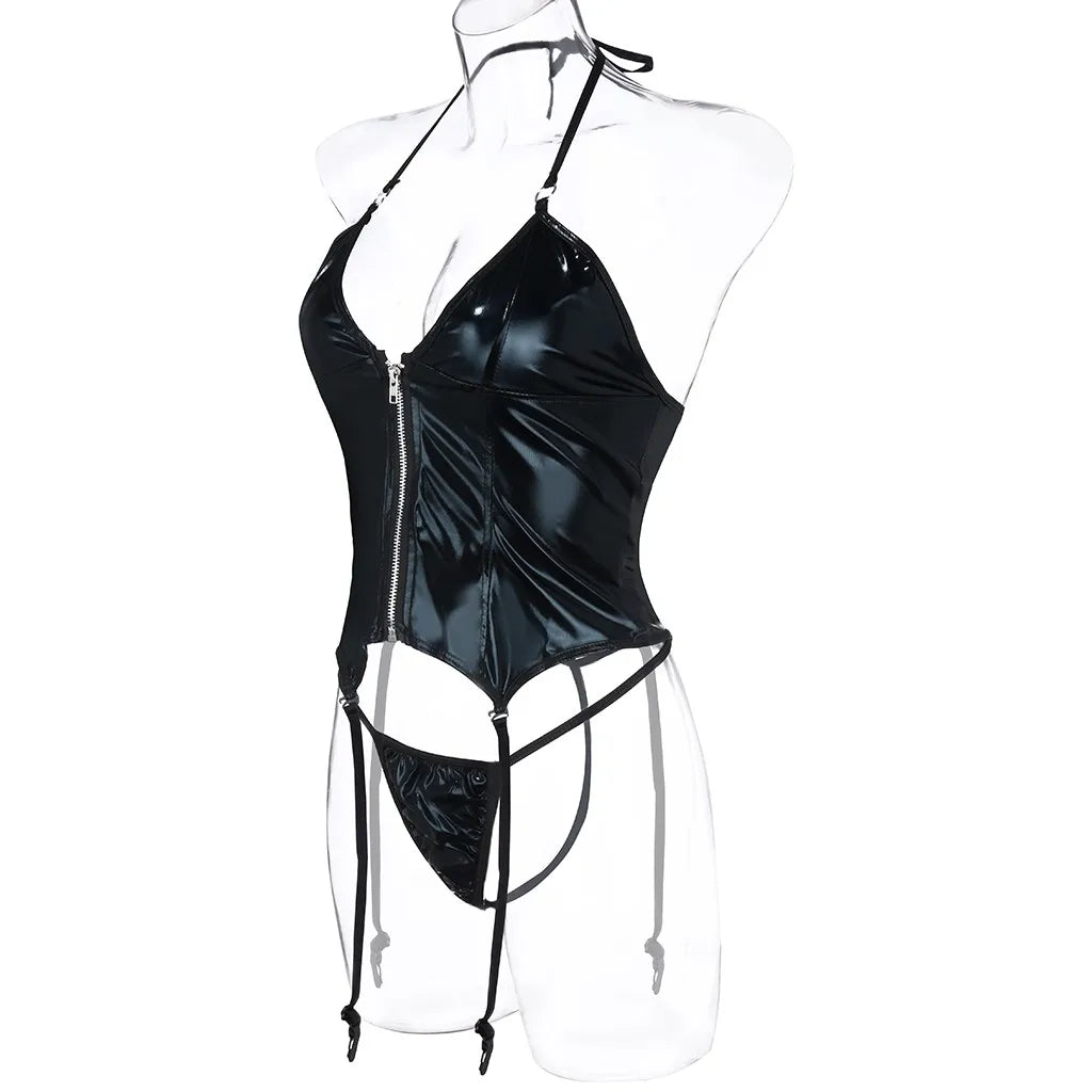 Women's Leather Bodysuit Zipper Lingerie Set with Garter Teddy Gothic Nightwear