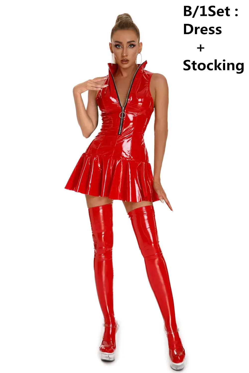 Sexy Glossy Faux Leather Dress Club Party Short Dress Solid Black Red Wet Look Latex Bodycon Pleated Mini Dress
