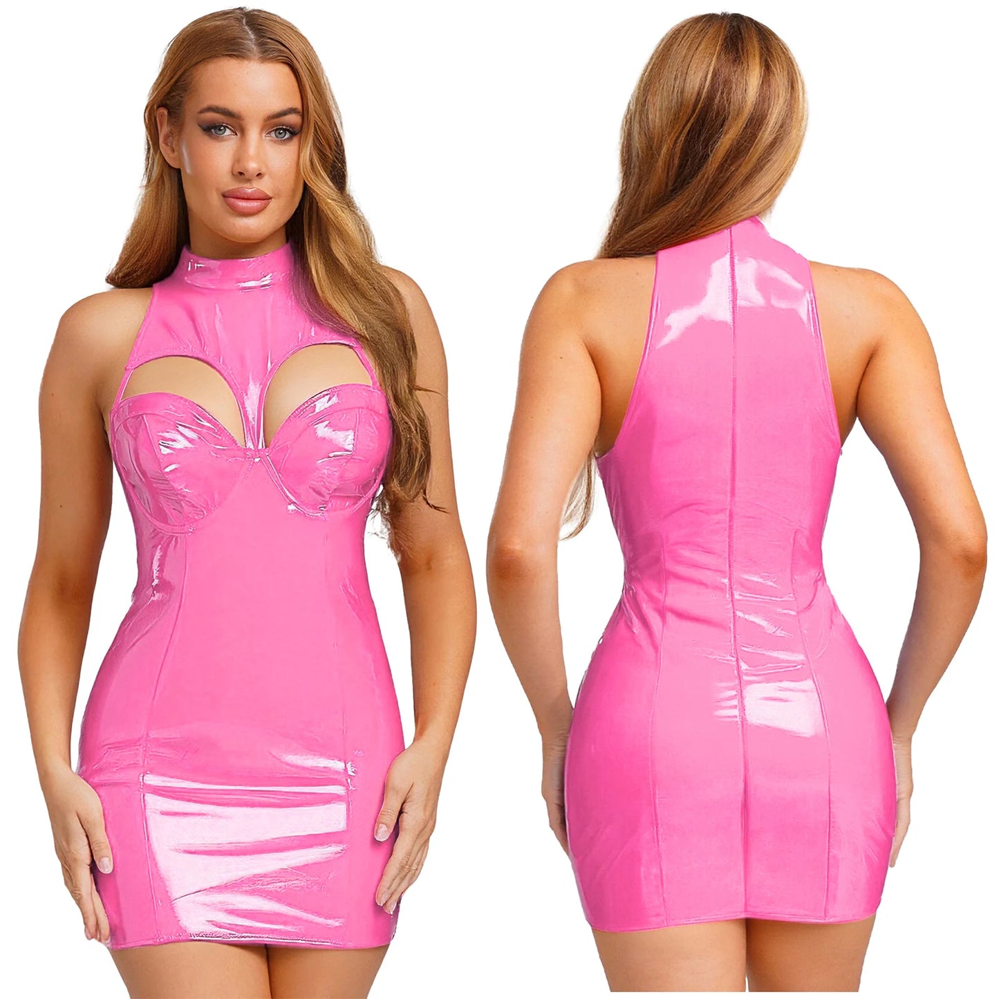 Wet Look Women PU Leather Mock Neck Bodycon Dress Sexy Sleeveless Hollow-out Push-up Bra Minidress for Raves Clubwear Party