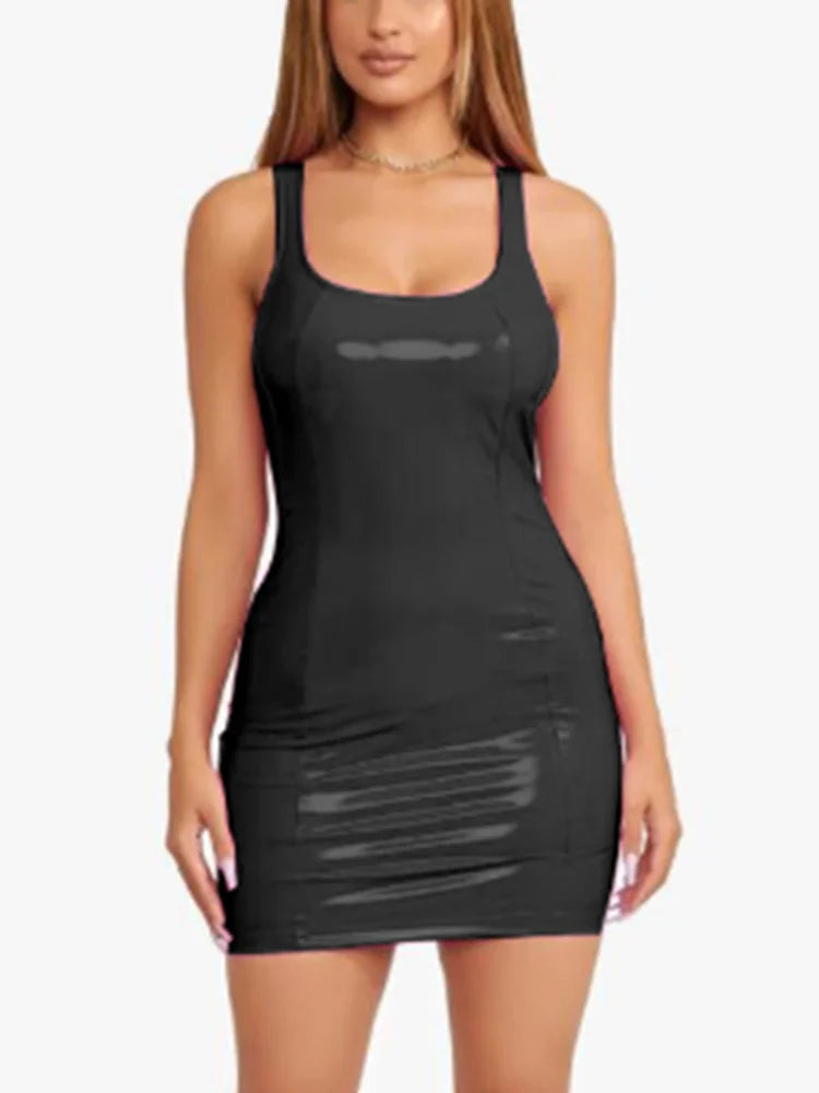 2025 Sexy Womens Sleeveless Latex Tank Dresses Patent Leather Wet Look Clubwear Costume Bodycon Yellow Black Mini Dresses