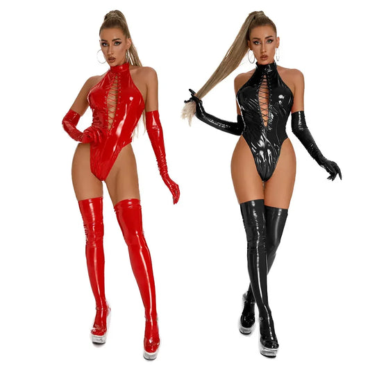 Womens Latex Catsuit Wet Look Lace-Up Body PVC Teddy Fetish Bodysuit Exotic Parties Night Club Wear Pole Dancing Full Set