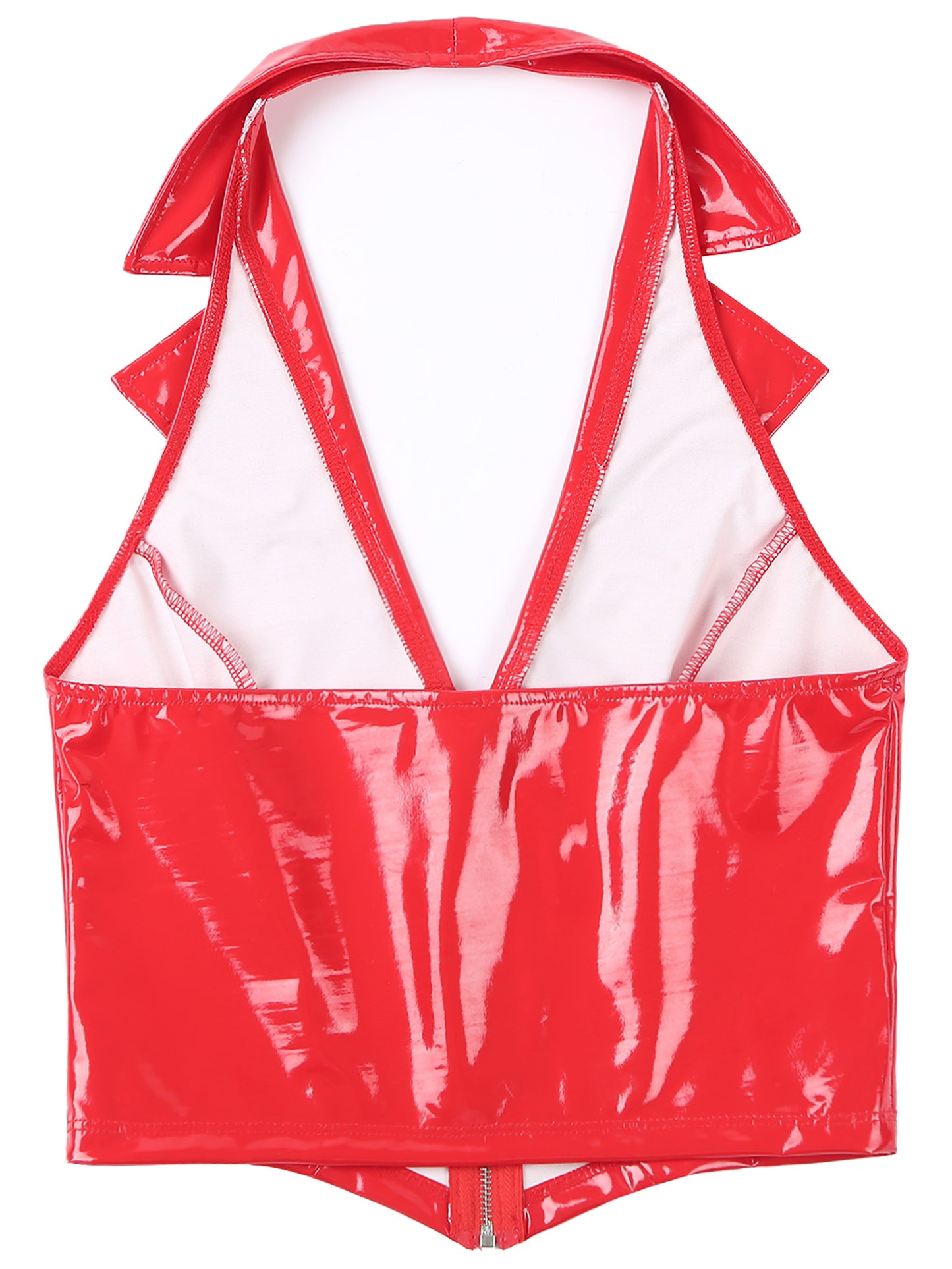 Womens Wet Look Leather Deep V Neck Halter Backless Crop Tank Tops Sexy Camisole Vest for Club Party Festival Raves Clubwear