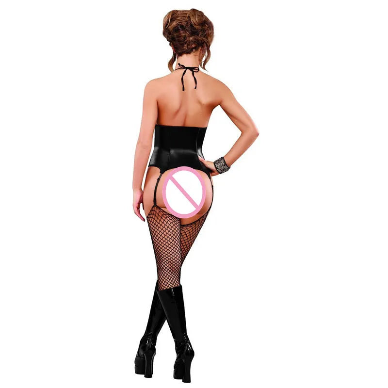 Women's Leather Bodysuit Zipper Lingerie Set with Garter Teddy Gothic Nightwear