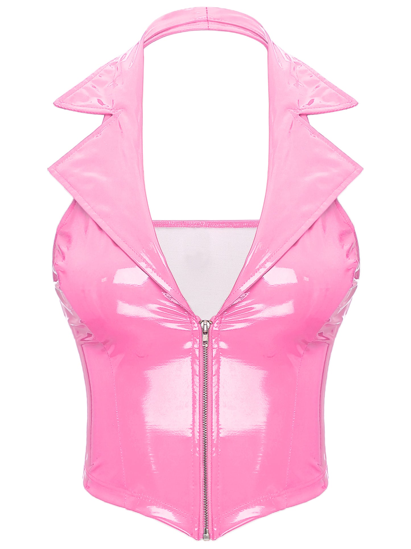 Womens Wet Look Leather Deep V Neck Halter Backless Crop Tank Tops Sexy Camisole Vest for Club Party Festival Raves Clubwear