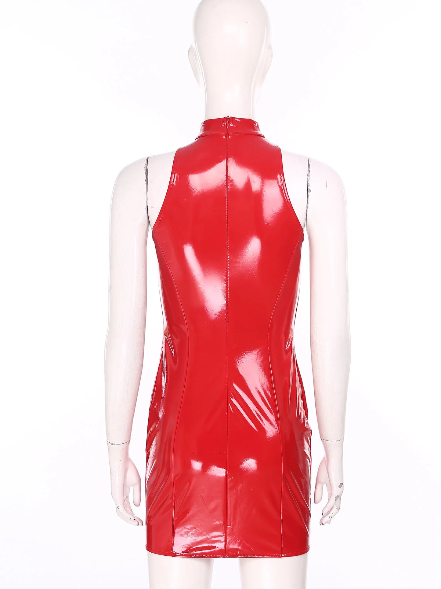 Wet Look Women PU Leather Mock Neck Bodycon Dress Sexy Sleeveless Hollow-out Push-up Bra Minidress for Raves Clubwear Party