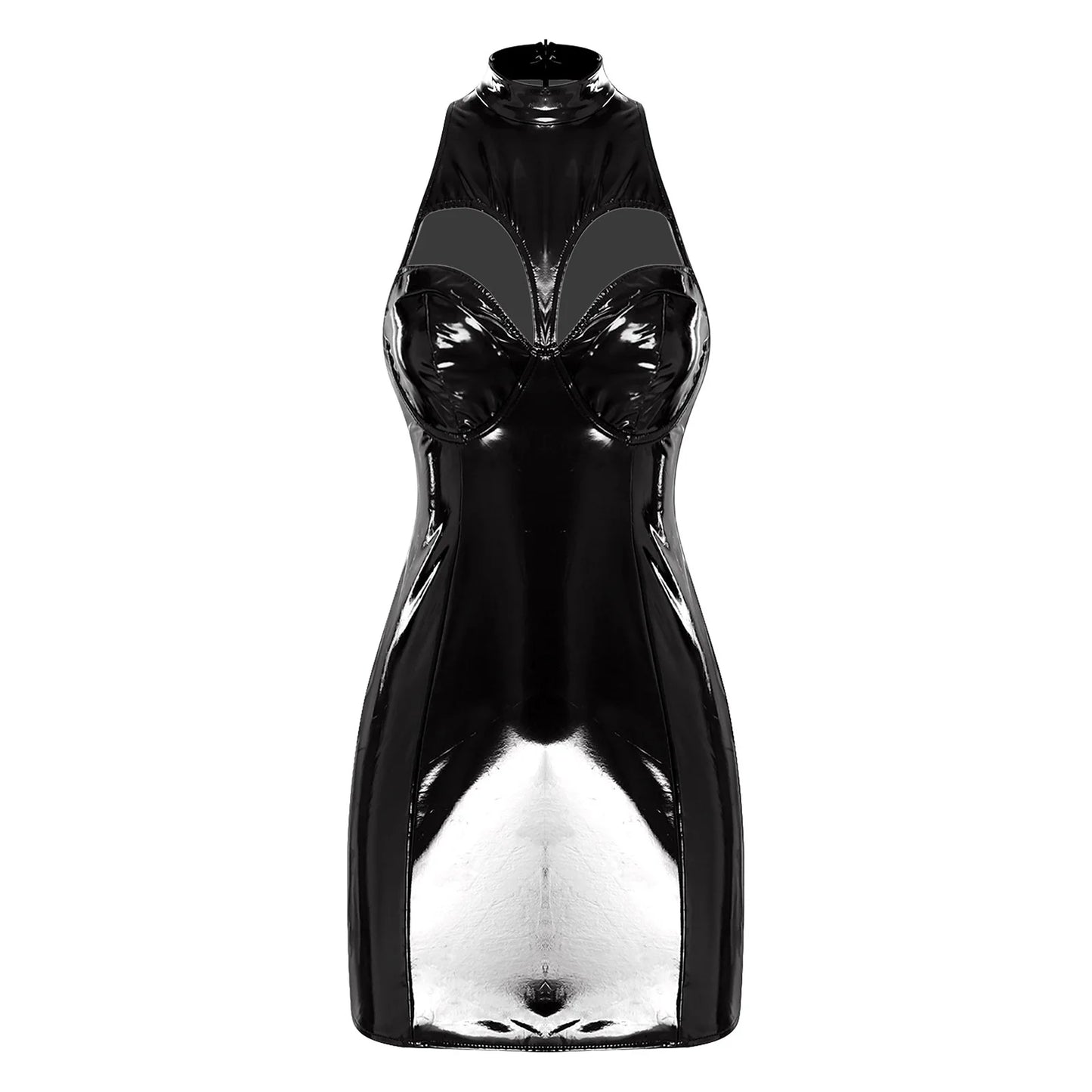 Wet Look Women PU Leather Mock Neck Bodycon Dress Sexy Sleeveless Hollow-out Push-up Bra Minidress for Raves Clubwear Party
