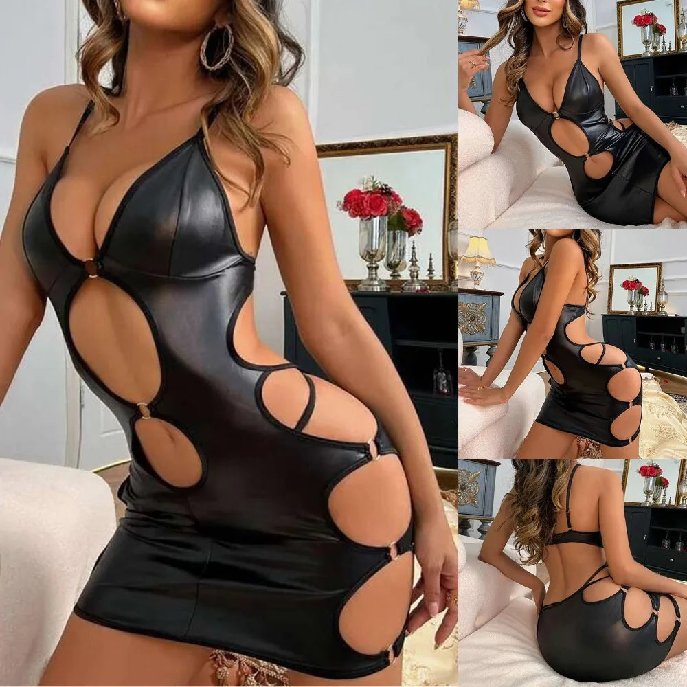 Latex Leather Exotic Dresses for Women Sexy Lingerie Sets Garter Lace Up Hollow Out Pu Leather Bodysuits Party Nightclub Dress