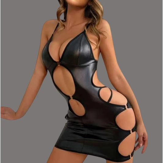 Latex Leather Exotic Dresses for Women Sexy Lingerie Sets Garter Lace Up Hollow Out Pu Leather Bodysuits Party Nightclub Dress