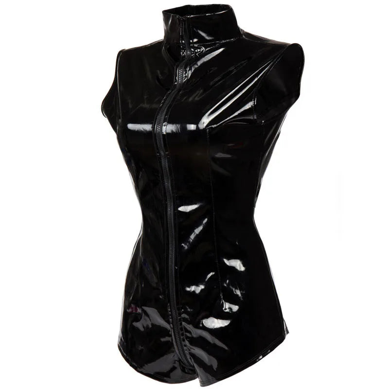 Sexy Black Shiny PVC Latex Bodysuit Zipper Wetlook PU Faux Leather Catsuit Women Fetish Clubwear Jumpsuit Costume
