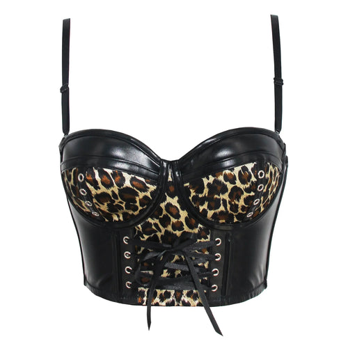 Women Corset Crop Top Gothic Black Leopard Faux Leather Push Up