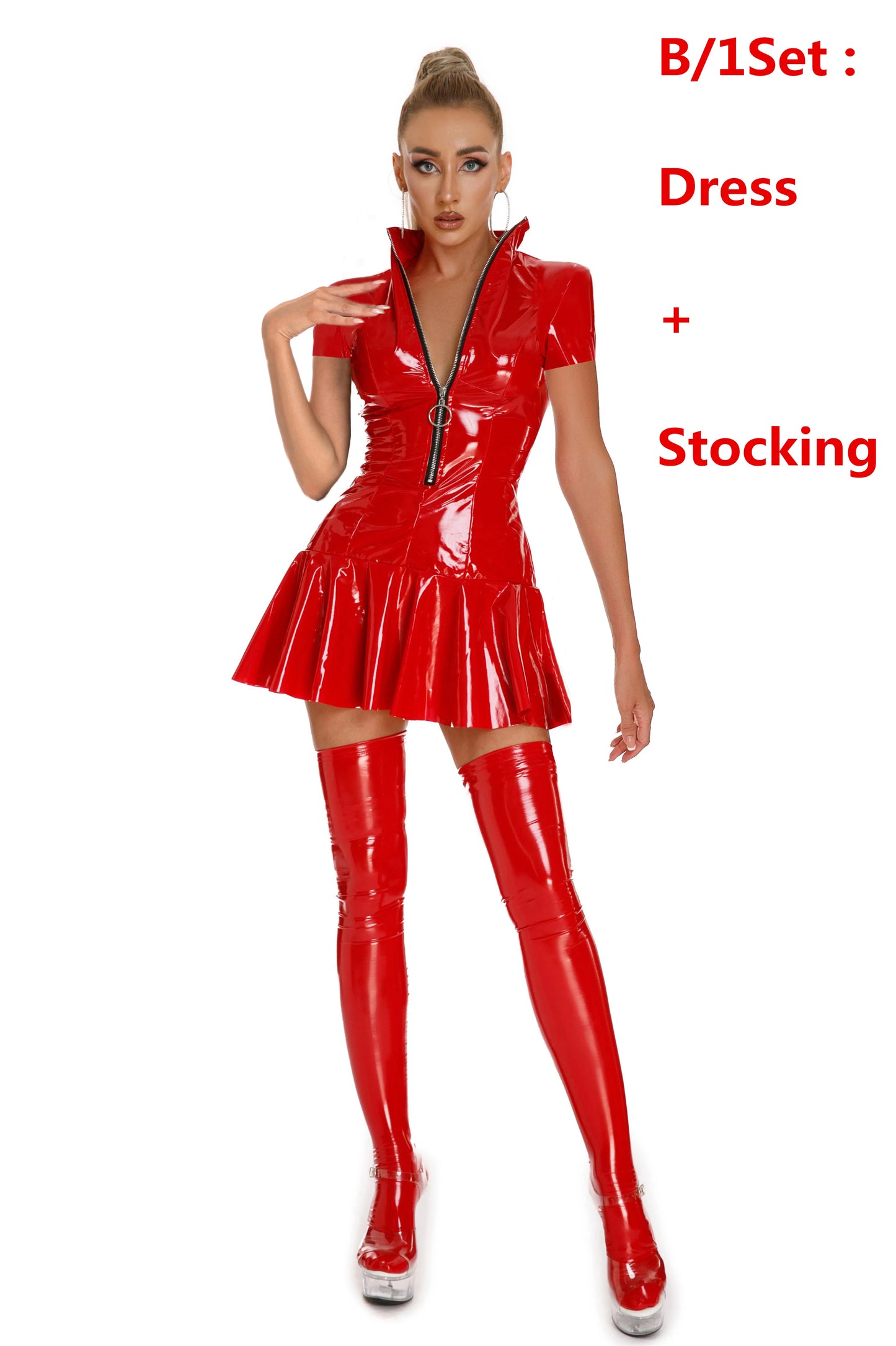 Sexy Glossy Faux Leather Dress Club Party Short Dress Solid Black Red Wet Look Latex Bodycon Pleated Mini Dress