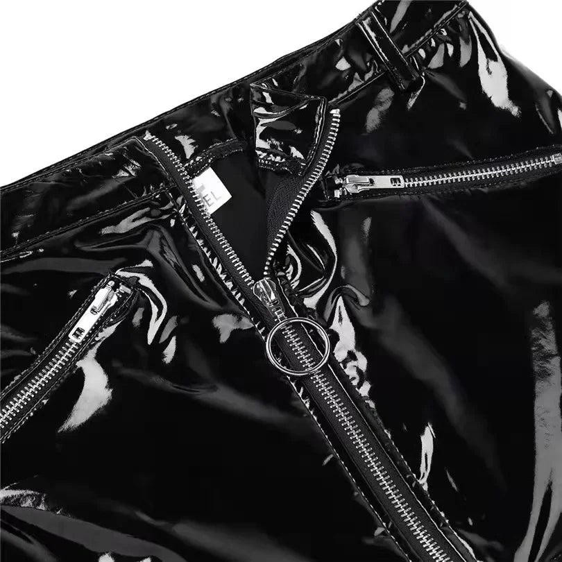 Women Erotic Wetlook Latex Mini Skirts Nightclub Costume Femme Skirts Faux Leather Zipper Bodycon Sexy Mini Skirt Party Clubwear