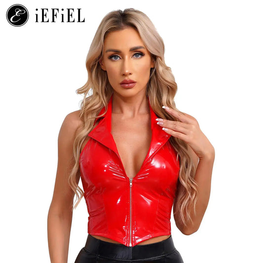 Womens Wet Look Leather Deep V Neck Halter Backless Crop Tank Tops Sexy Camisole Vest for Club Party Festival Raves Clubwear