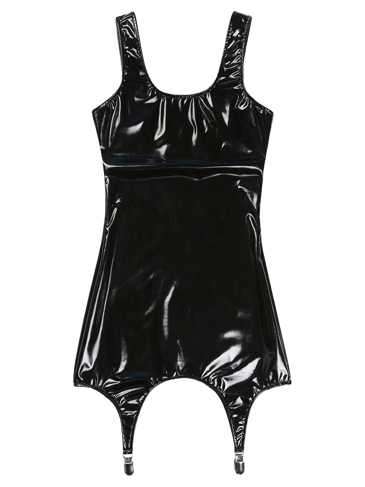 Womens Wet Look Patent Leather Latex Tank Dress Festival Wet Look Clubwear Nightclub Hips Bodycon Mini Dresses with Metal Clips