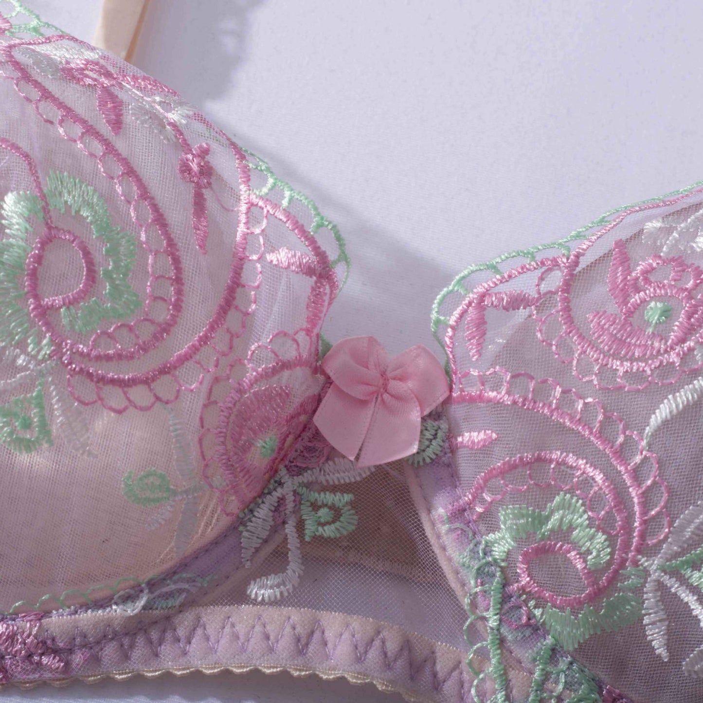Sheer Mesh Sexy Lingerie Bra Set with Embroidered Flowers.
