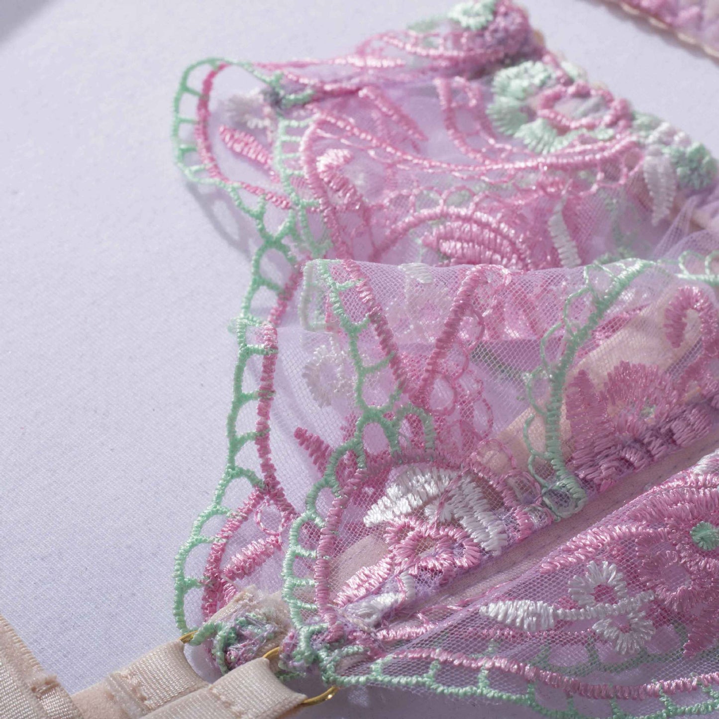 Sheer Mesh Sexy Lingerie Bra Set with Embroidered Flowers.