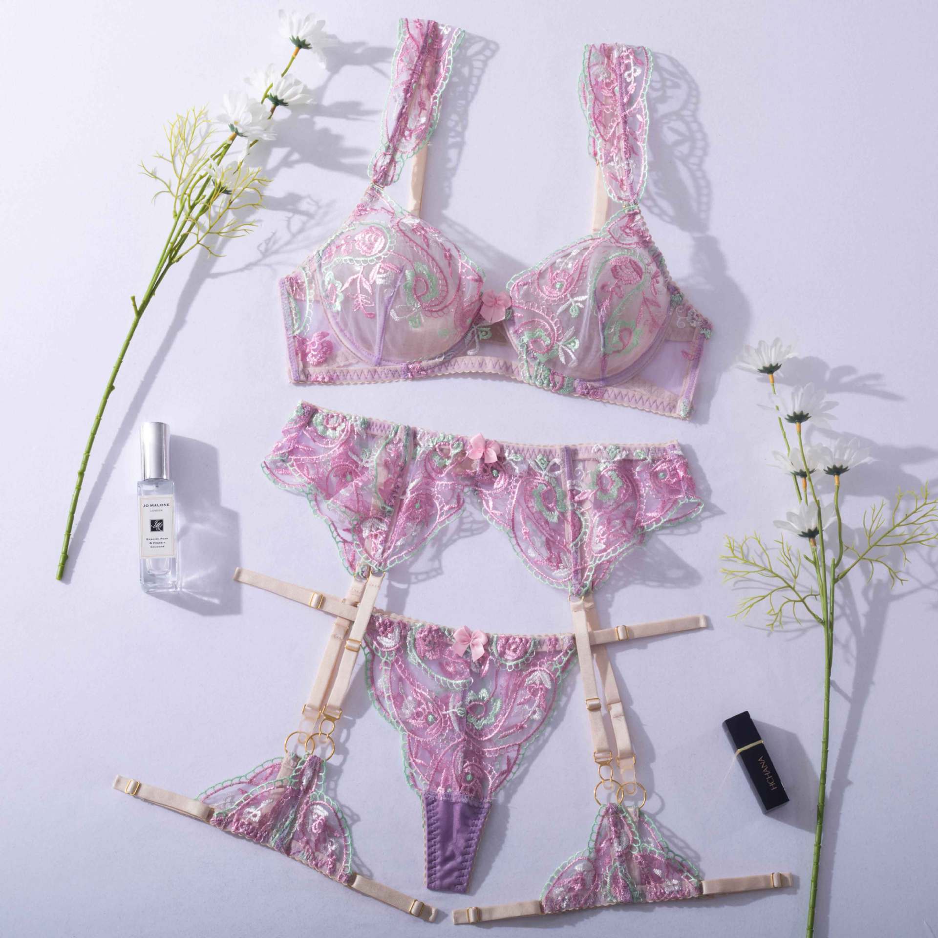 Sheer Mesh Sexy Lingerie Bra Set with Embroidered Flowers.