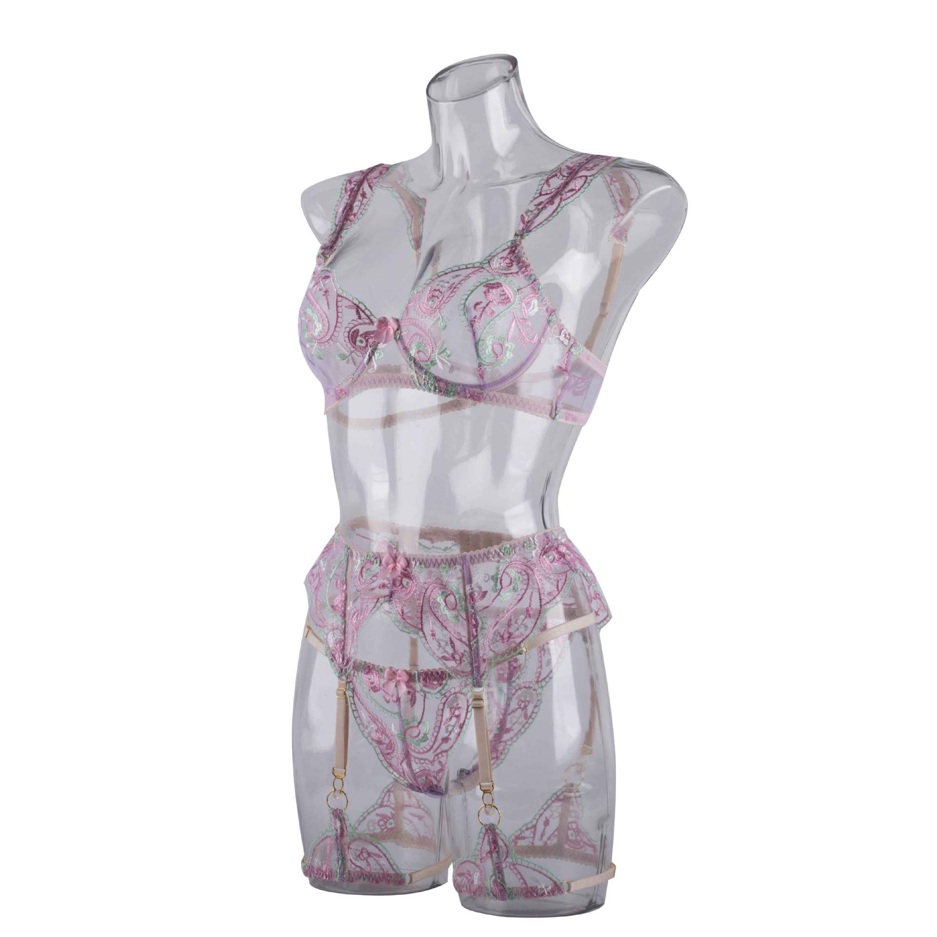 Sheer Mesh Sexy Lingerie Bra Set with Embroidered Flowers.