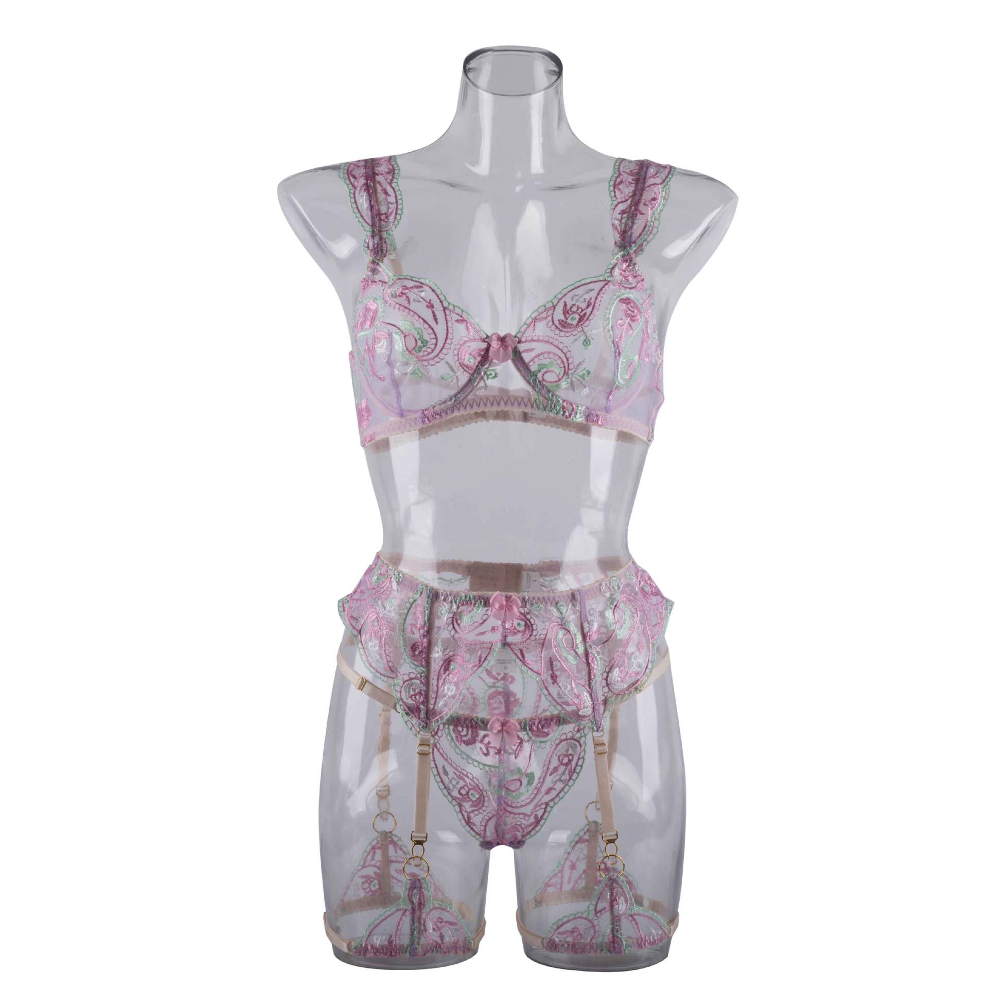 Sheer Mesh Sexy Lingerie Bra Set with Embroidered Flowers.