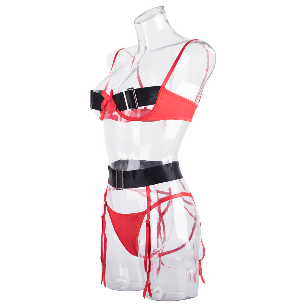 Stunning Christmas Cutout Bra Set with Bow and Wide Belt