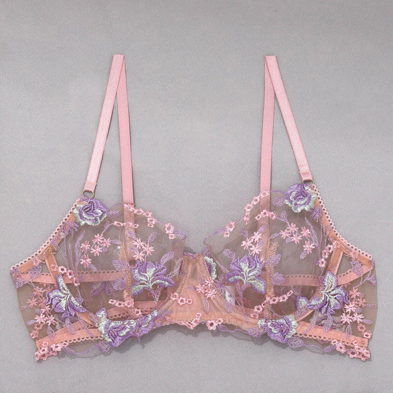 Stunning Sexy Bra and Panties Set with Purple Embroidery.