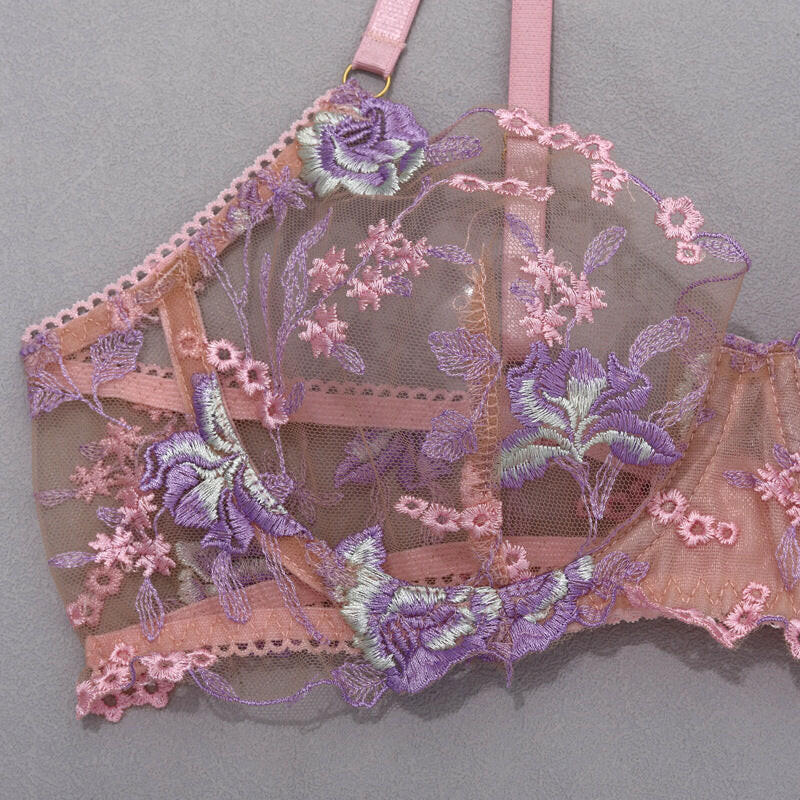 Stunning Sexy Bra and Panties Set with Purple Embroidery.