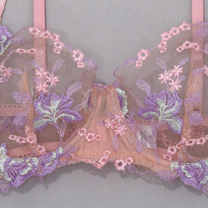 Stunning Sexy Bra and Panties Set with Purple Embroidery.