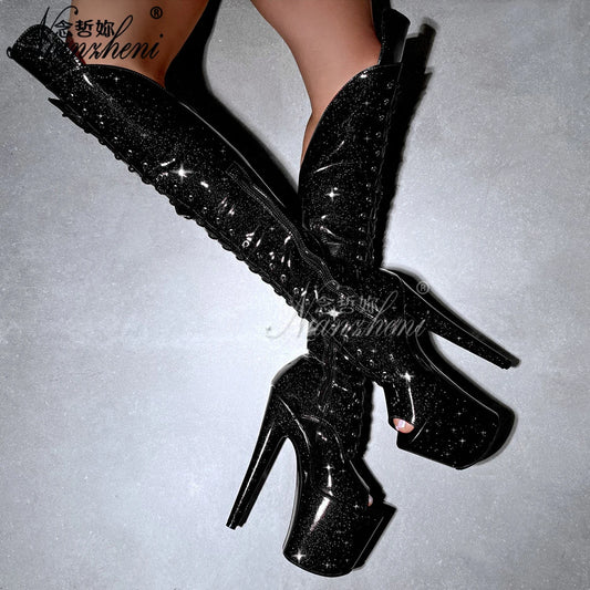 Glitter Purple Over-the-Knee High Heels 8-inch Stiletto Sexy Combat Platform Pole Dance Shoes for Women Exotic Stripper Footwear