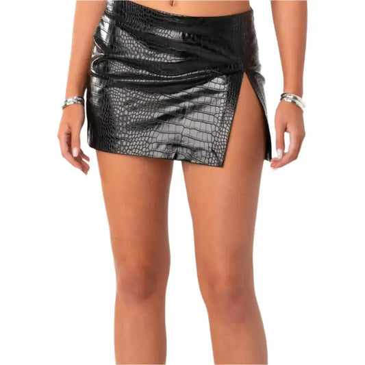 Women’s Black Croc-Embossed Leather Mini Skirt