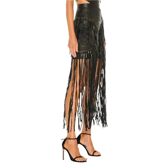 Women’s Black Long Fringe Detailed Leather Skirt