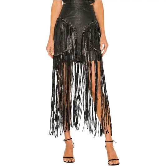 Women’s Black Long Fringe Detailed Leather Skirt