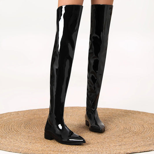 Women's Black Patent Leather Over The Knee Boots Fashionable Square Block Heel Boots with Sleek Fitted Design Glamorous Footwear