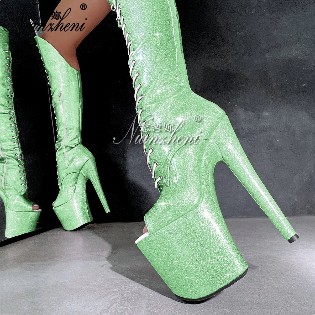Glitter Purple Over-the-Knee High Heels 8-inch Stiletto Sexy Combat Platform Pole Dance Shoes for Women Exotic Stripper Footwear