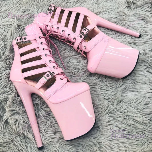 Pink Patent Leather Striped Hollow Mesh Sandals Girls Cute Light Color 20Cm Dance Heels Black Platform Stiletto Lace Zipper Shoe
