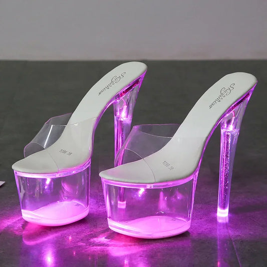 17CM Mclubgirl 34-43 New Heels Nightclub High Heels Shoes Luminous Sandals Shoes Catwalk Pole Dancing Shoes Crystal Bottom LFD