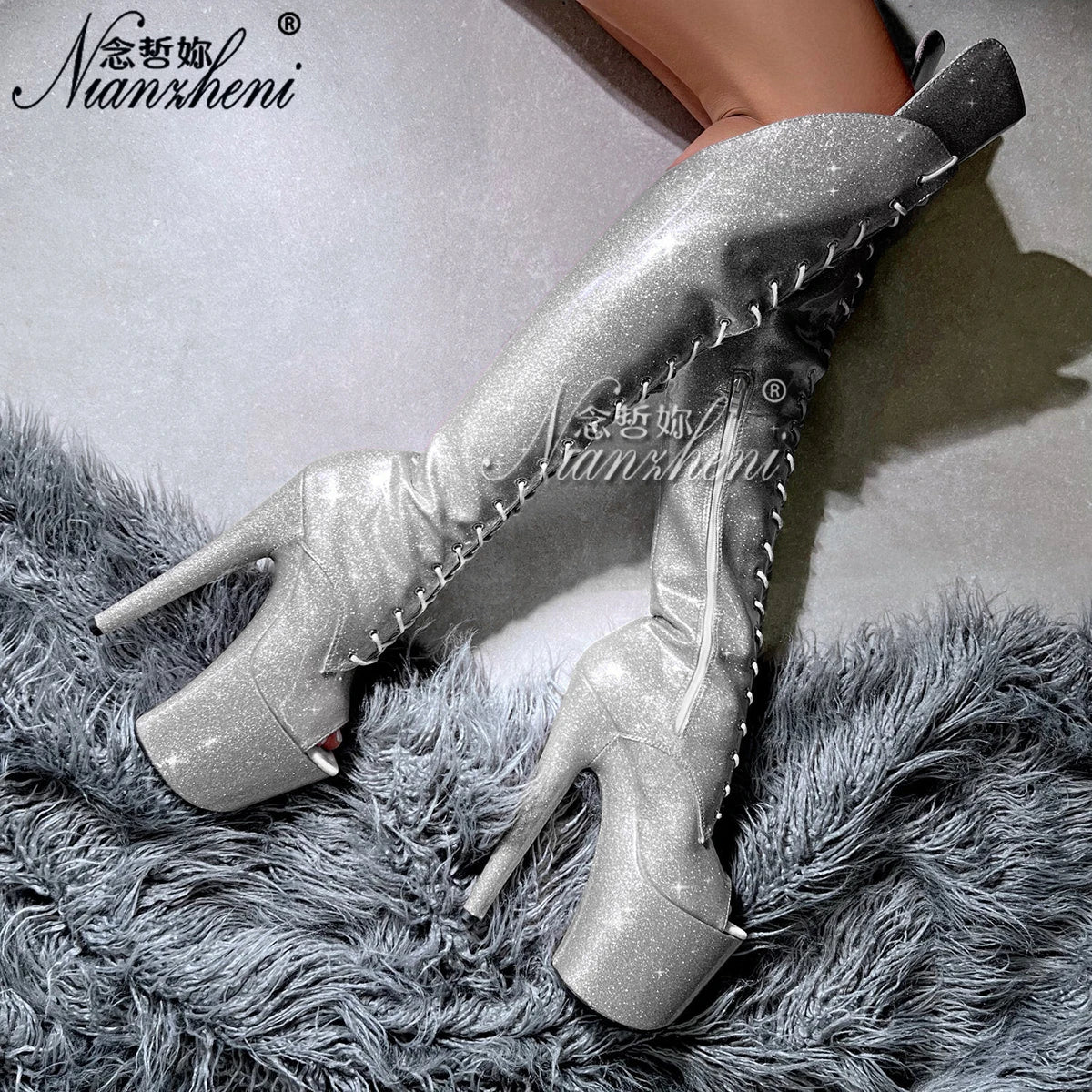Glitter Purple Over-the-Knee High Heels 8-inch Stiletto Sexy Combat Platform Pole Dance Shoes for Women Exotic Stripper Footwear