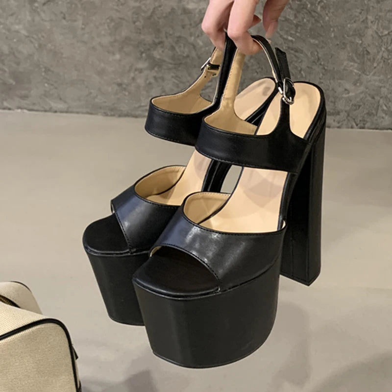 Fashion Women's Shoes Luxury Runway Buckle Strap Sexy 18CM Sandals Black Platform High Heels Party Club Stripper Pole Dance Shoe