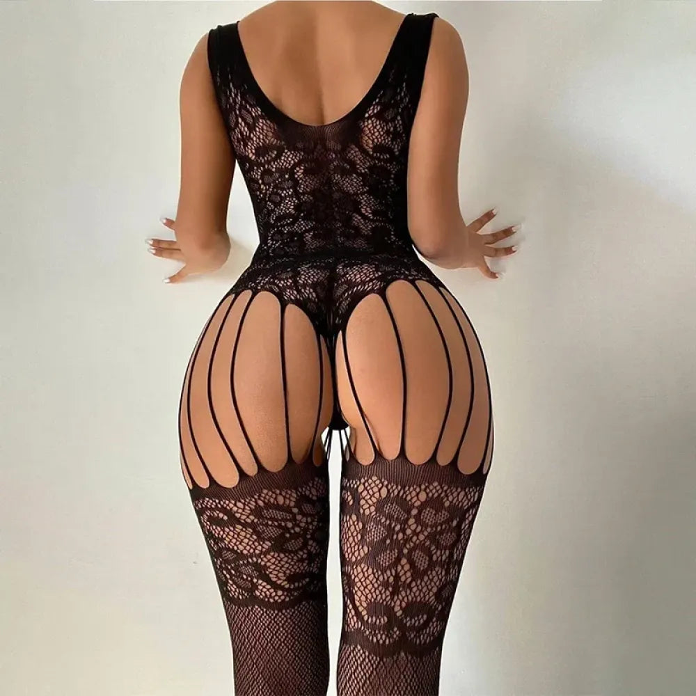 Floral Mesh Crotchless Lingerie Set
