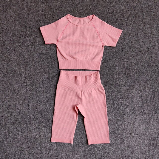 Seamless Yoga Set Women 2pcs Crop Top T-shirt High Waist Shorts Gym Clothes Sport Suit Workout Outfit Sport Wear