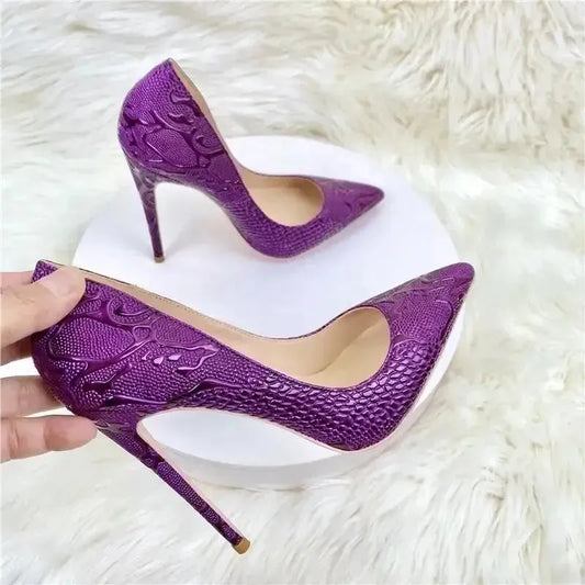 Purple Embossed Stiletto Pumps-0