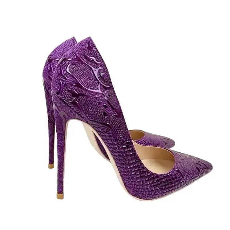 Purple Embossed Stiletto Pumps-2