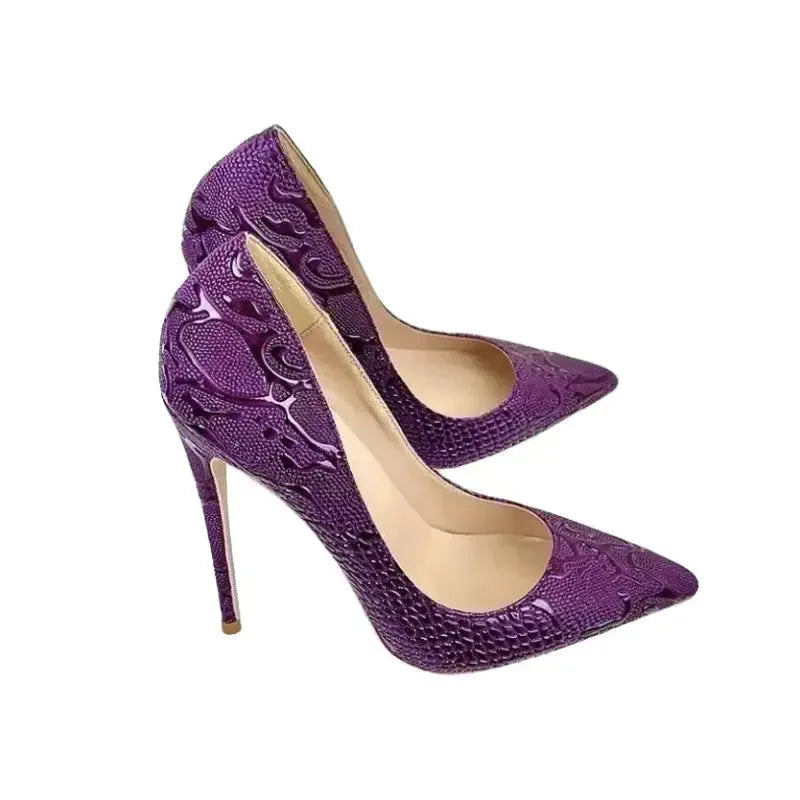 Purple Embossed Stiletto Pumps-6