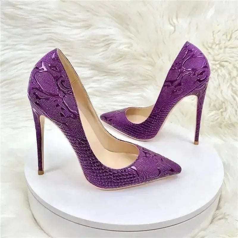 Purple Embossed Stiletto Pumps-4