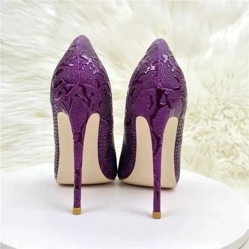 Purple Embossed Stiletto Pumps-7