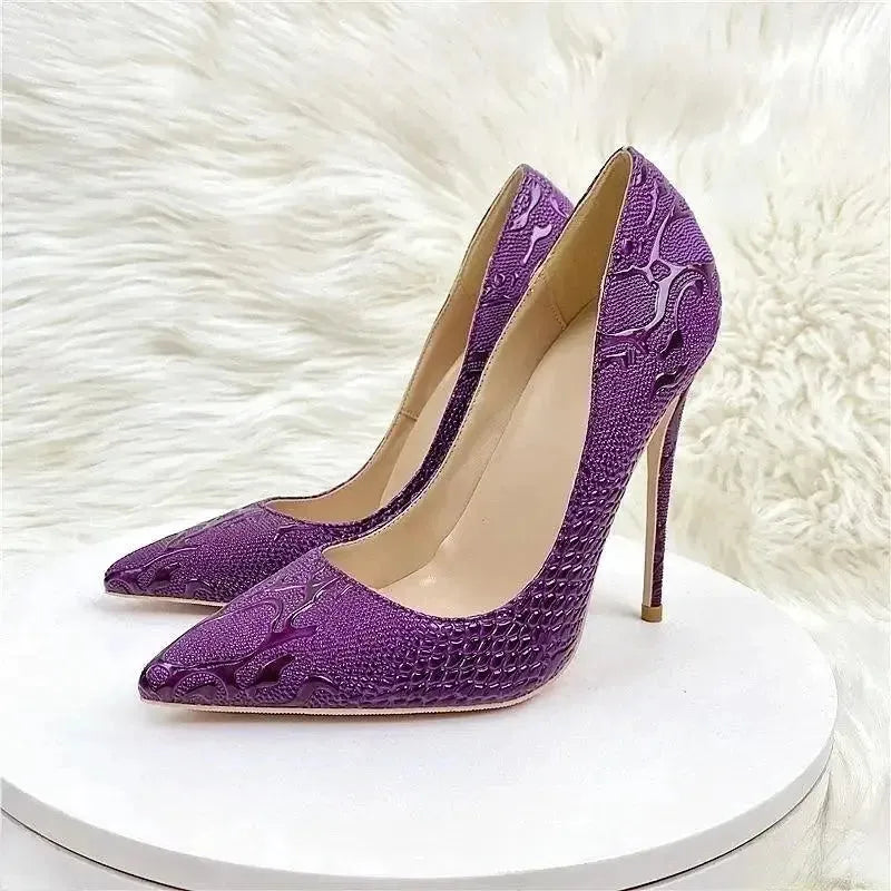 Purple Embossed Stiletto Pumps-5