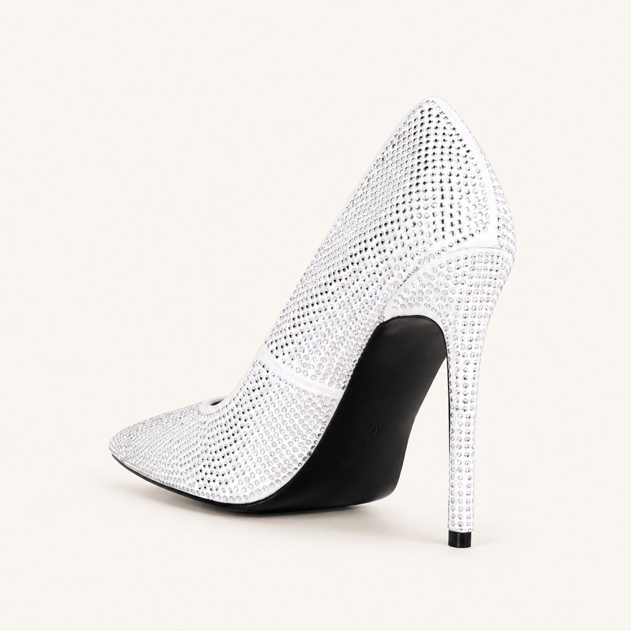 White diamante pointed-toe stiletto court heel, rear angle