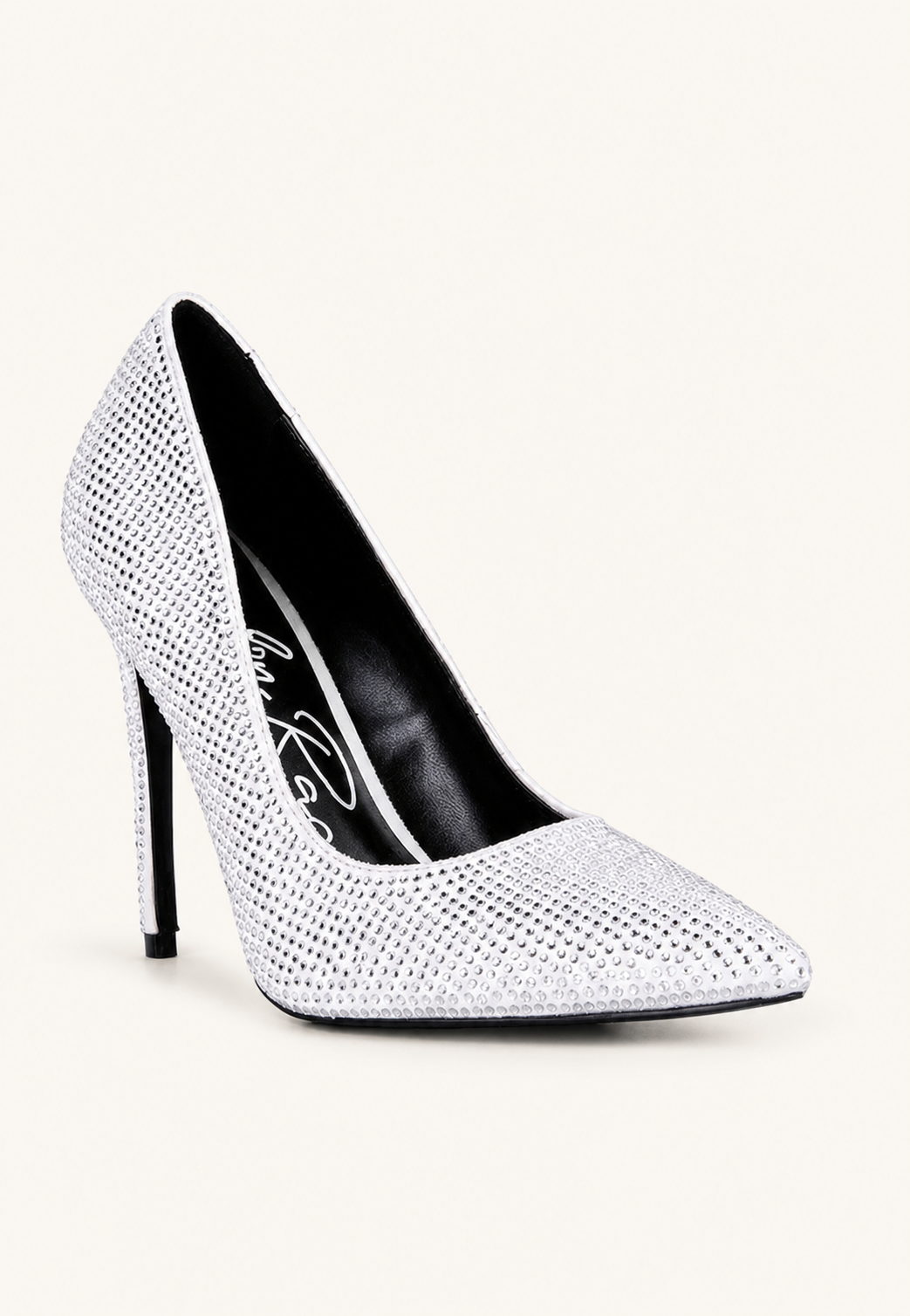 White diamante pointed-toe stiletto court heel, three-quarter view